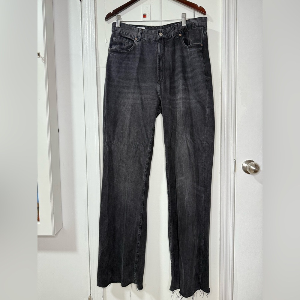 Zara denim washed black, raw hem, wide leg size 10